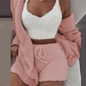 Women’s 3-piece plush lounge set in pink – cardigan, crop top and shorts
